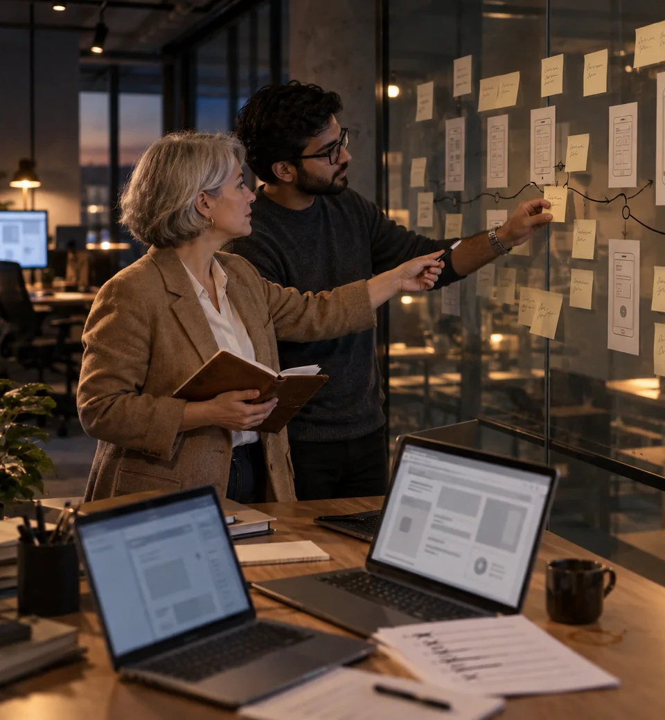 Two colleagues mapping a user journey on a glass wall of sticky notes and screen sketches.