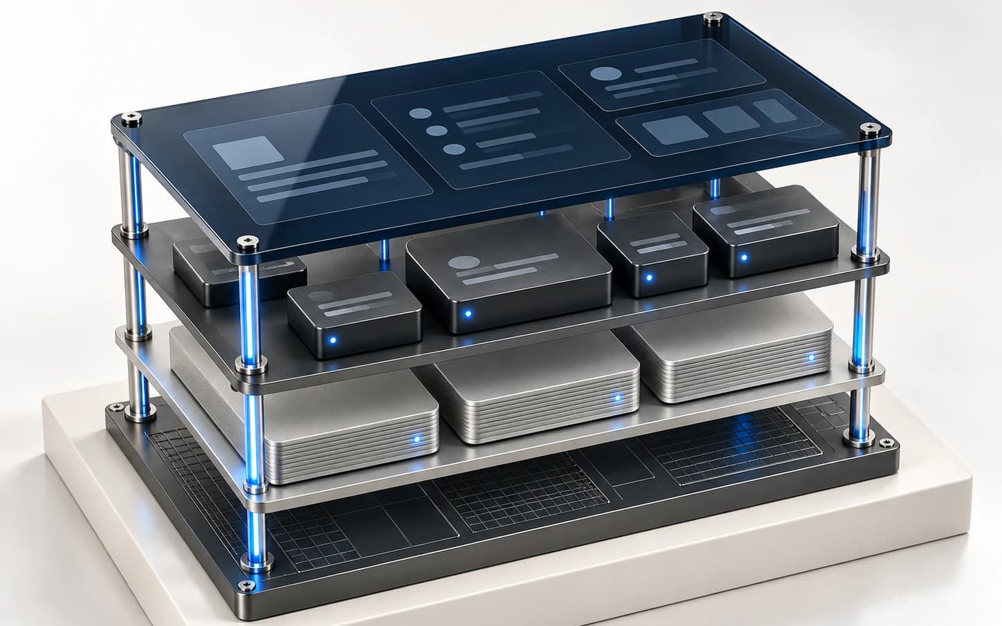 A layered system as a hardware stack: an interface panel on glass above tiers of compute and storage units, on a circuit-etched base.